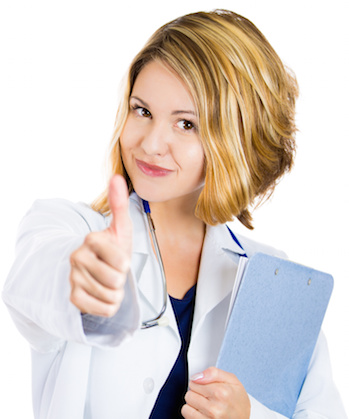 Happy confident female doctor showing thumbs up sign